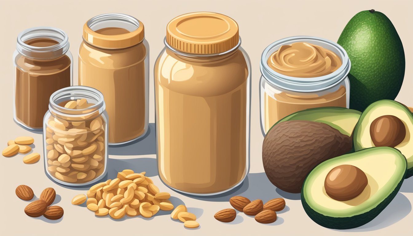 A jar of peanut butter surrounded by low-carb, high-fat keto-friendly foods like avocados, nuts, and cheese