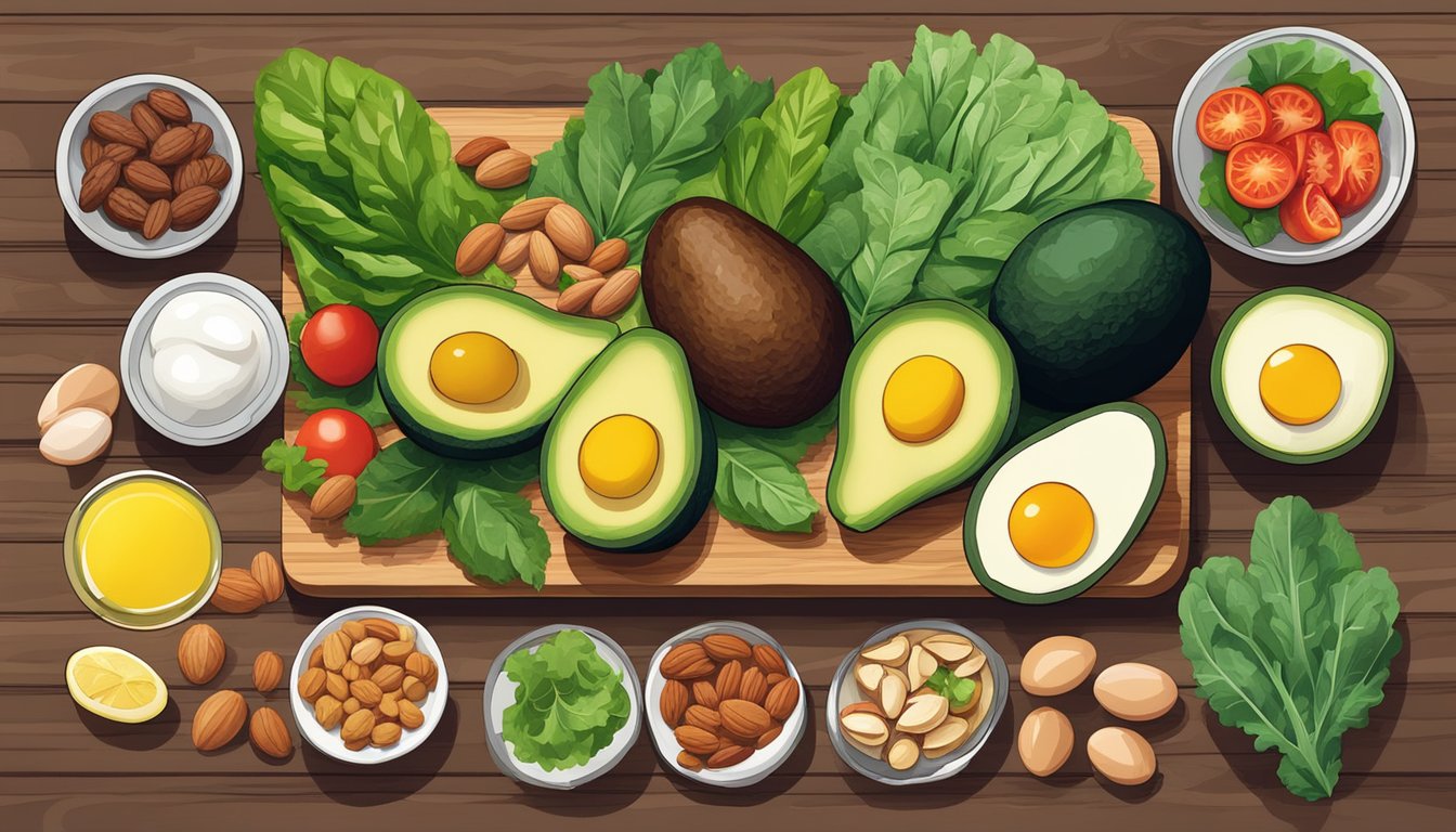 A colorful array of keto-friendly foods, including avocados, leafy greens, nuts, eggs, and lean meats, arranged on a wooden cutting board