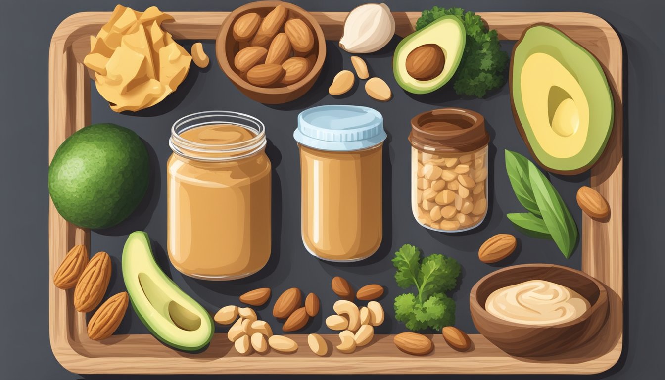 A jar of peanut butter surrounded by low-carb keto-friendly foods like nuts, avocados, and vegetables on a wooden cutting board