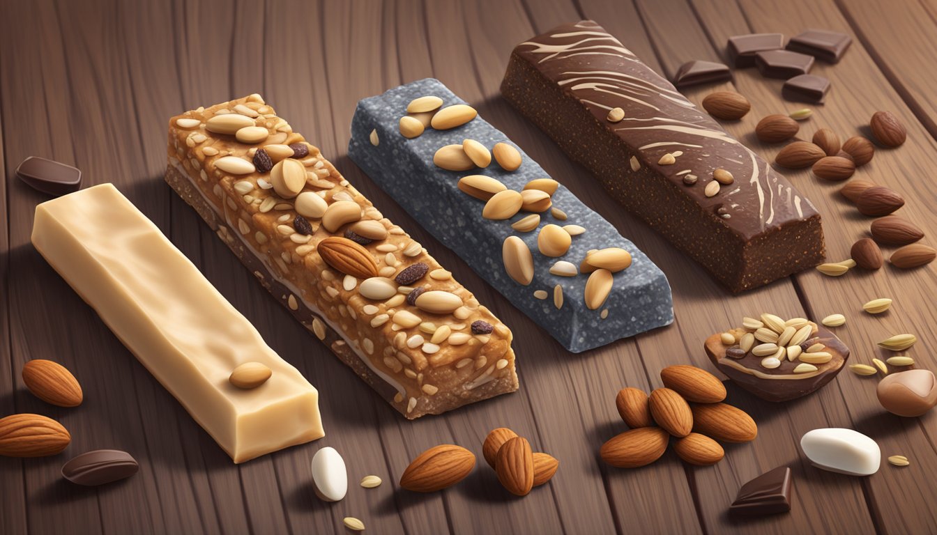 A variety of protein bars arranged on a wooden table, showcasing different textures and flavors, with ingredients like nuts, seeds, and chocolate