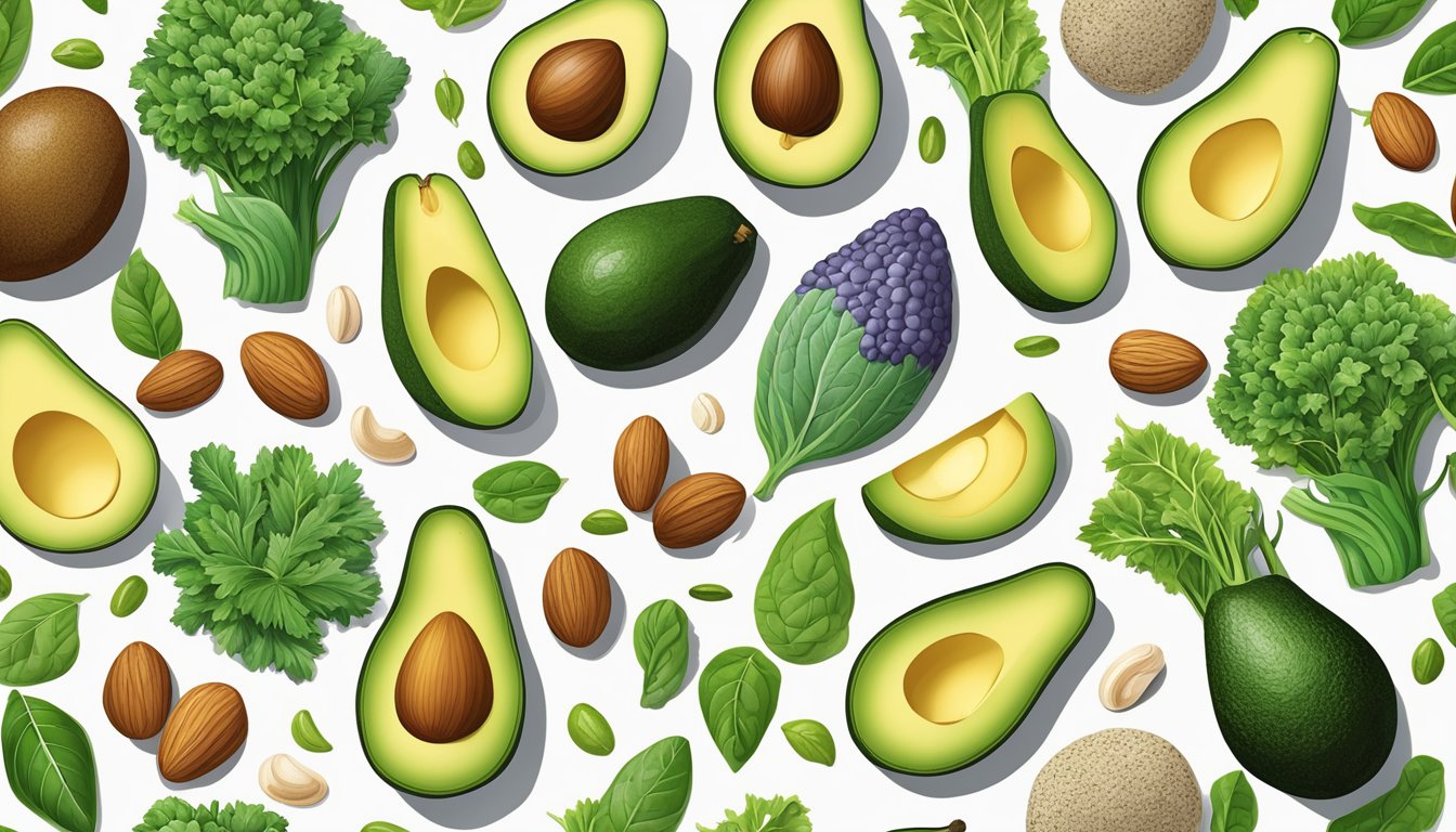 A colorful array of plant-based foods, including avocados, nuts, seeds, leafy greens, and non-starchy vegetables, arranged in a balanced and visually appealing composition