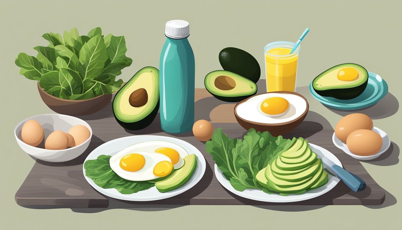 A table filled with low-carb, high-fat foods like avocados, eggs, and leafy greens, alongside workout equipment and a water bottle