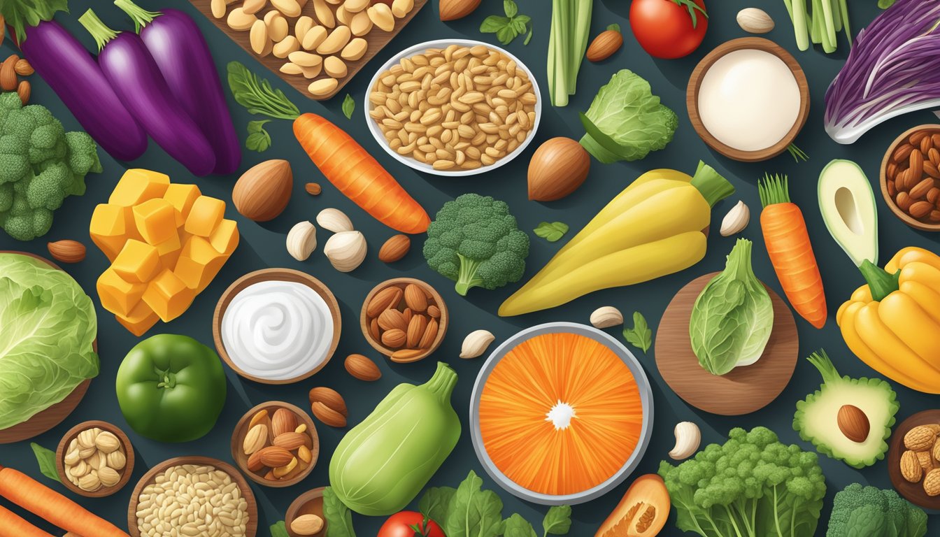 A colorful array of fresh vegetables, nuts, seeds, and plant-based proteins on one side, while processed foods, dairy, and high-carb items on the other