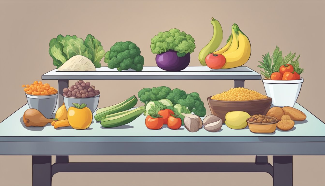 A table split with vegan and keto foods, with a scale weighing each option. A person choosing between the two diets