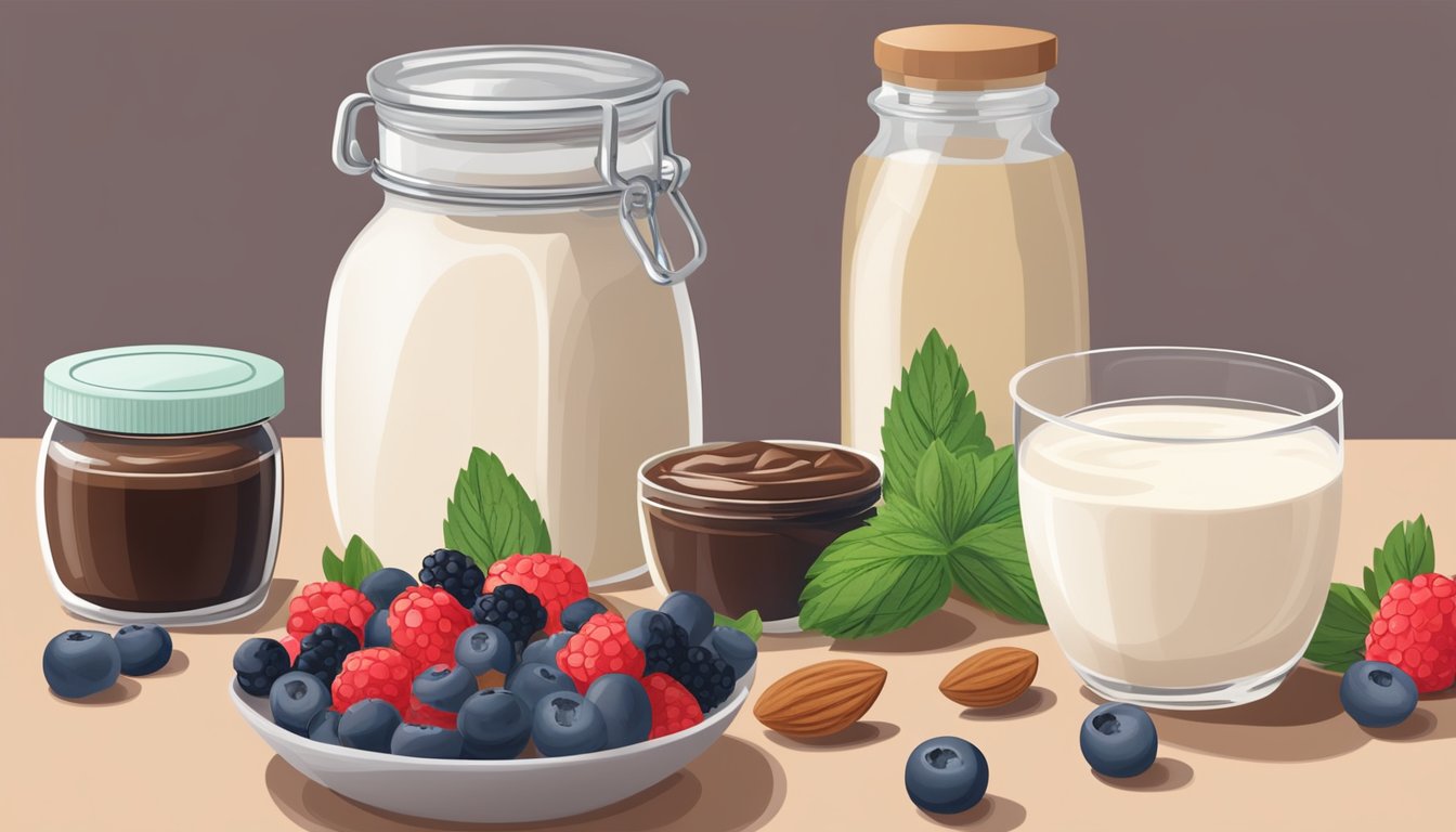 A kitchen counter with almond flour, coconut oil, stevia, and dark chocolate. A bowl of fresh berries and a jar of unsweetened almond milk