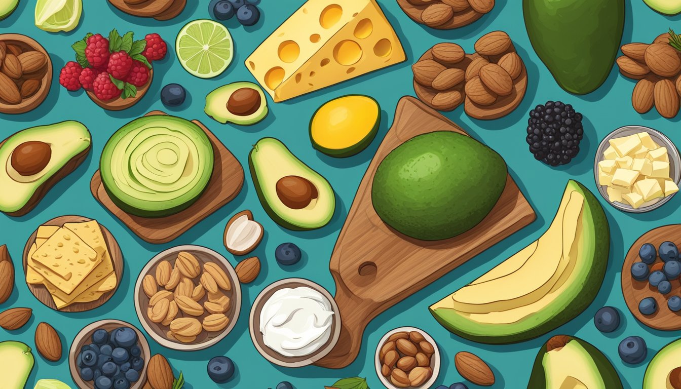 A colorful spread of keto-friendly indulgences, including avocados, nuts, cheese, and berries, arranged on a wooden cutting board