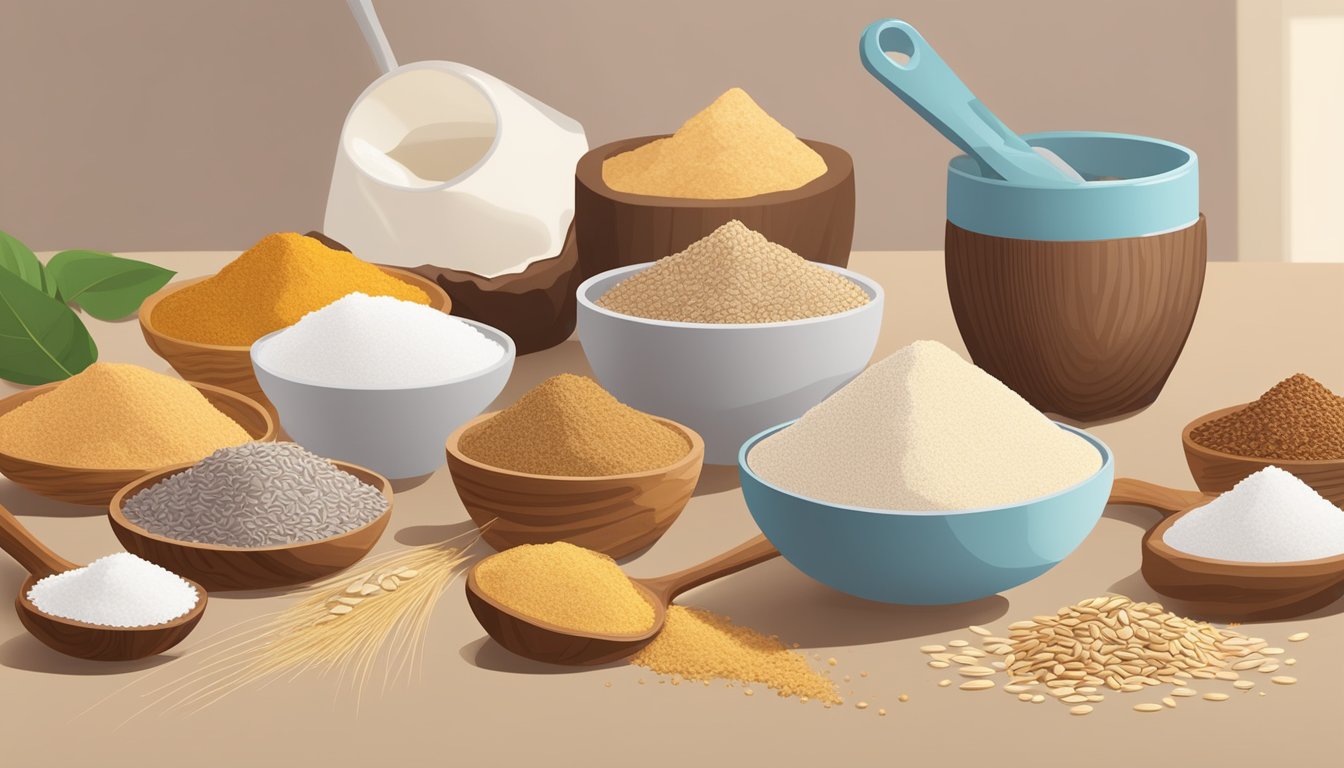 A variety of keto-friendly flours arranged on a wooden table, including almond, coconut, and flaxseed flour. A measuring cup and spoon sit nearby