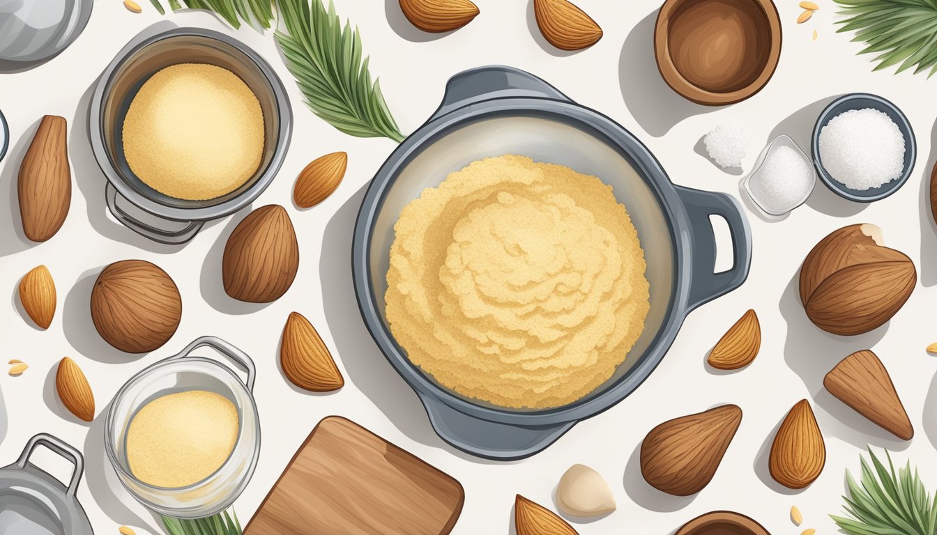 A kitchen counter with assorted baking ingredients and utensils, including almond flour, coconut flour, and a mixing bowl