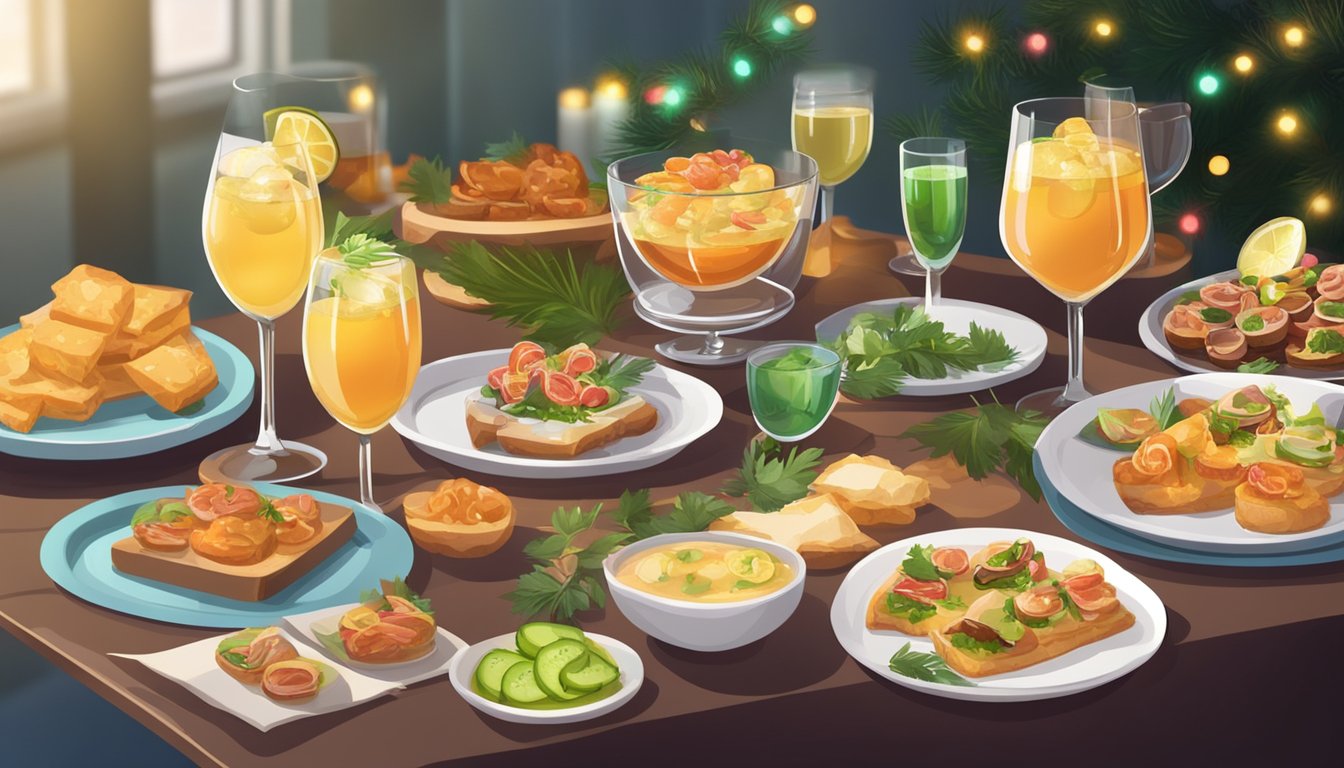 A table set with keto-friendly appetizers and low-carb alcoholic drinks, surrounded by elegant glassware and festive decorations