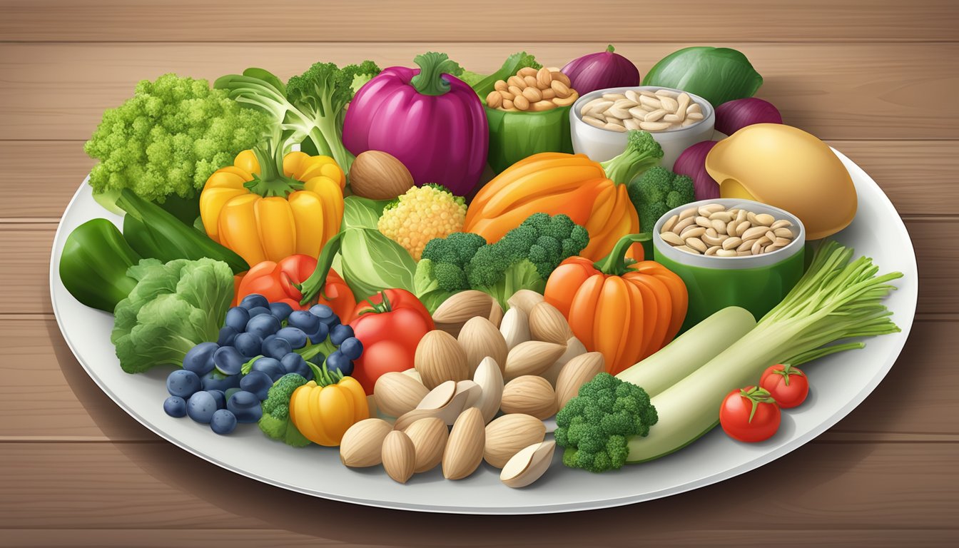 A colorful array of low-carb vegetables, nuts, and lean proteins arranged on a plate