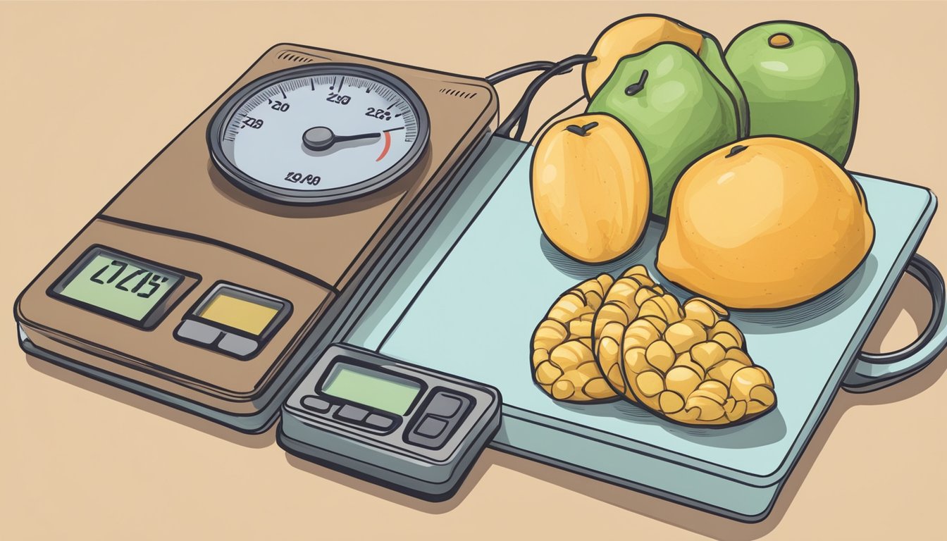 A kitchen scale measuring out a precise amount of carbohydrates, alongside a notebook for tracking progress on a keto diet