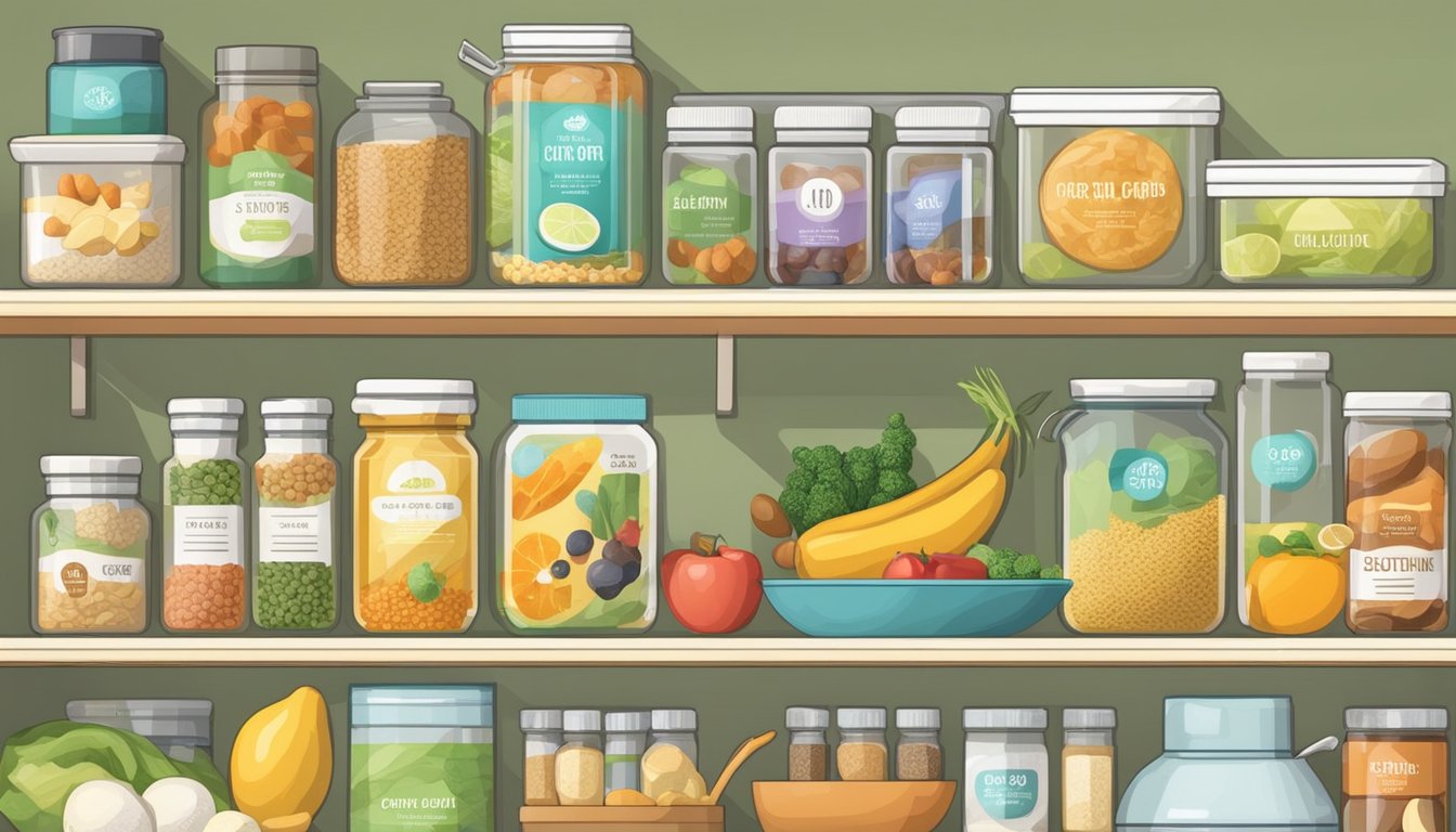 A kitchen counter with various types of low-carb food items and supplements arranged neatly