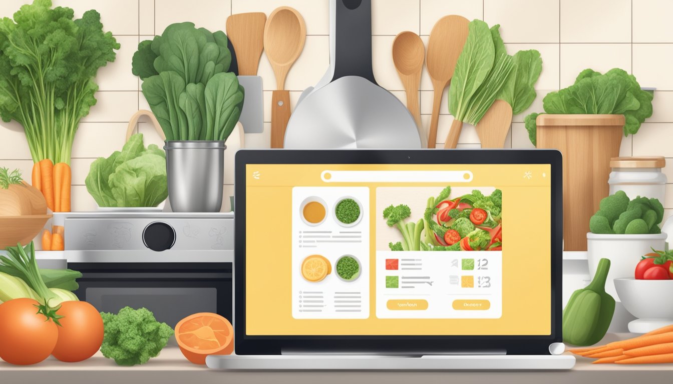 A kitchen counter with a tablet displaying the Recipes and Meal Inspirations keto diet app, surrounded by fresh vegetables and cooking utensils