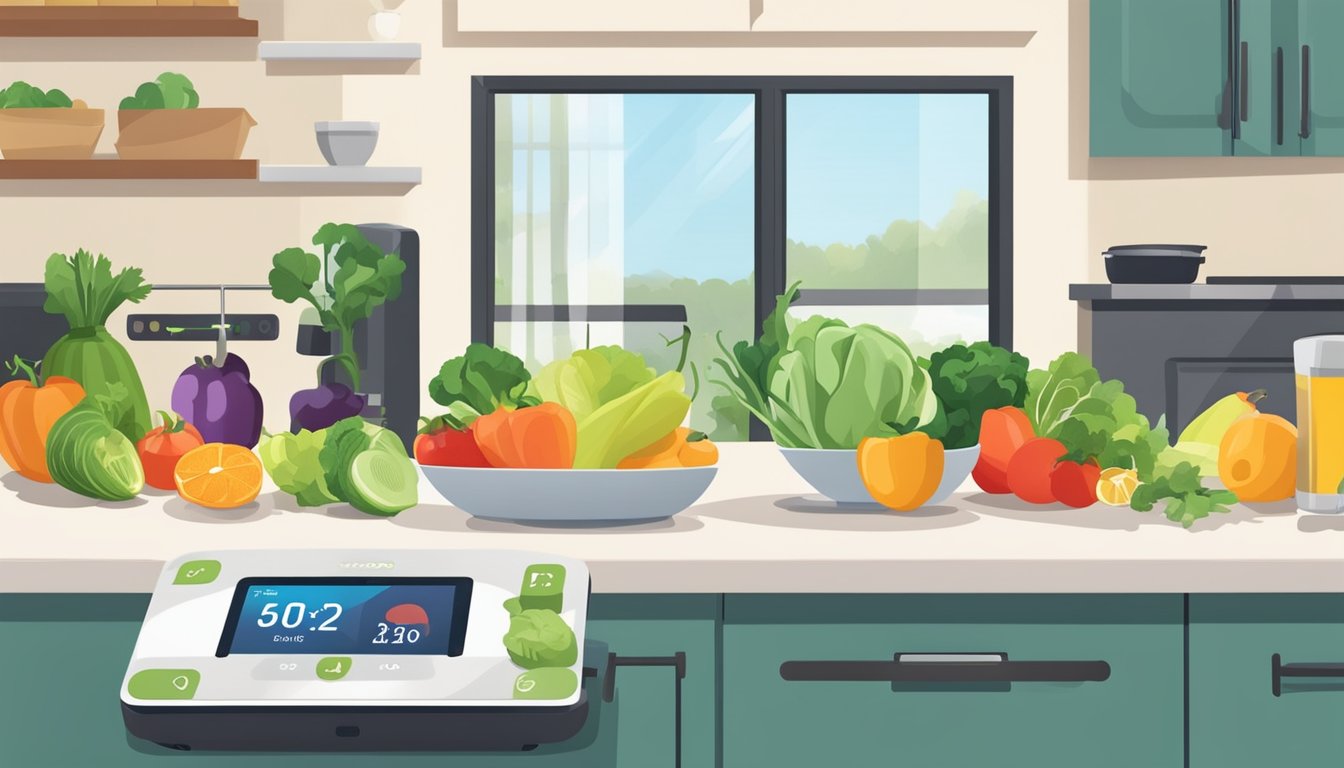 A kitchen counter with fresh produce, a smartphone displaying the Keto diet app, and a measuring scale