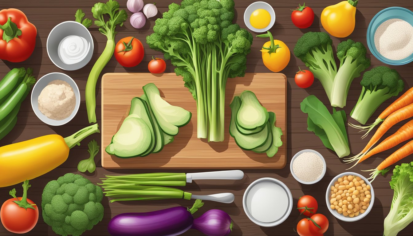 A colorful array of fresh vegetables and lean proteins arranged on a wooden cutting board, surrounded by measuring cups and a keto diet meal plan