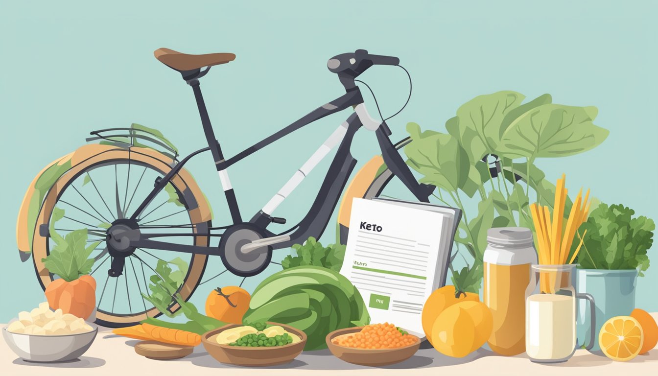 A table with keto-friendly foods, a bicycle, and a stack of informational books on keto cycling