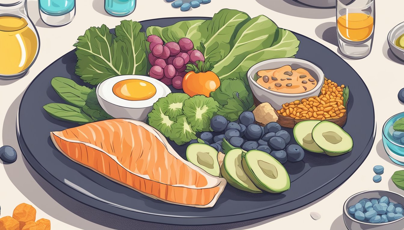 A colorful plate of keto-friendly foods surrounded by a variety of digestive health supplements and a glass of water