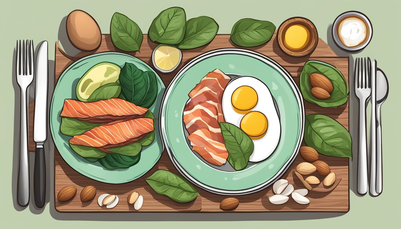 A table set with keto-friendly foods: avocado, eggs, bacon, spinach, salmon, and nuts