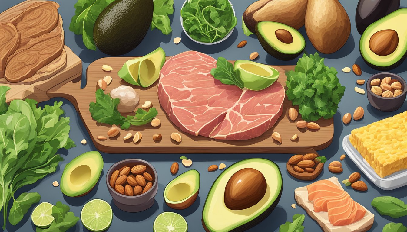 A colorful array of low-carb, high-fat foods arranged on a wooden table, including avocados, leafy greens, nuts, and various meats