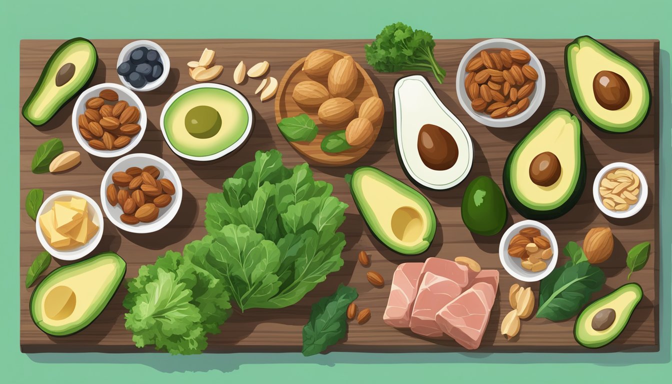 A colorful array of keto-friendly foods, including avocados, nuts, leafy greens, and lean meats, arranged on a wooden cutting board