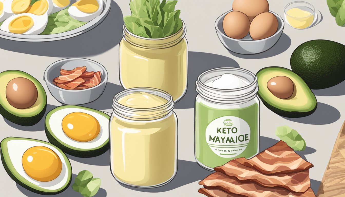 A jar of mayonnaise surrounded by keto-friendly food items like avocado, eggs, and bacon on a clean, modern kitchen counter