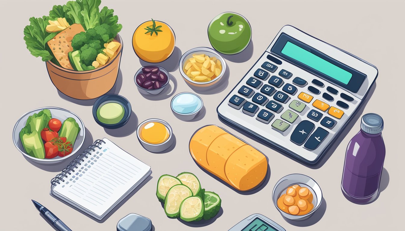 A calculator surrounded by various keto-friendly foods and supplements, with a notebook filled with calculations and nutritional information