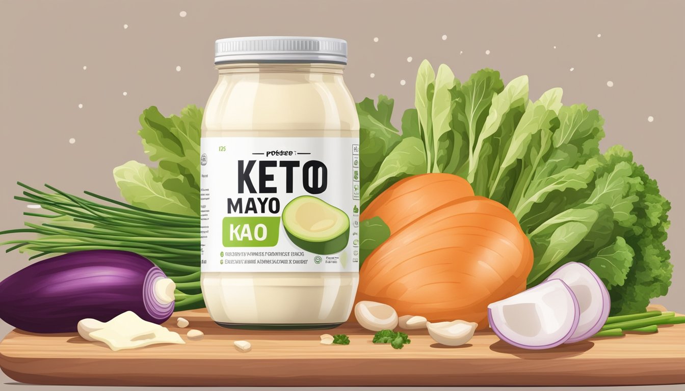 A jar of Keto Mayo surrounded by fresh vegetables and lean protein on a cutting board