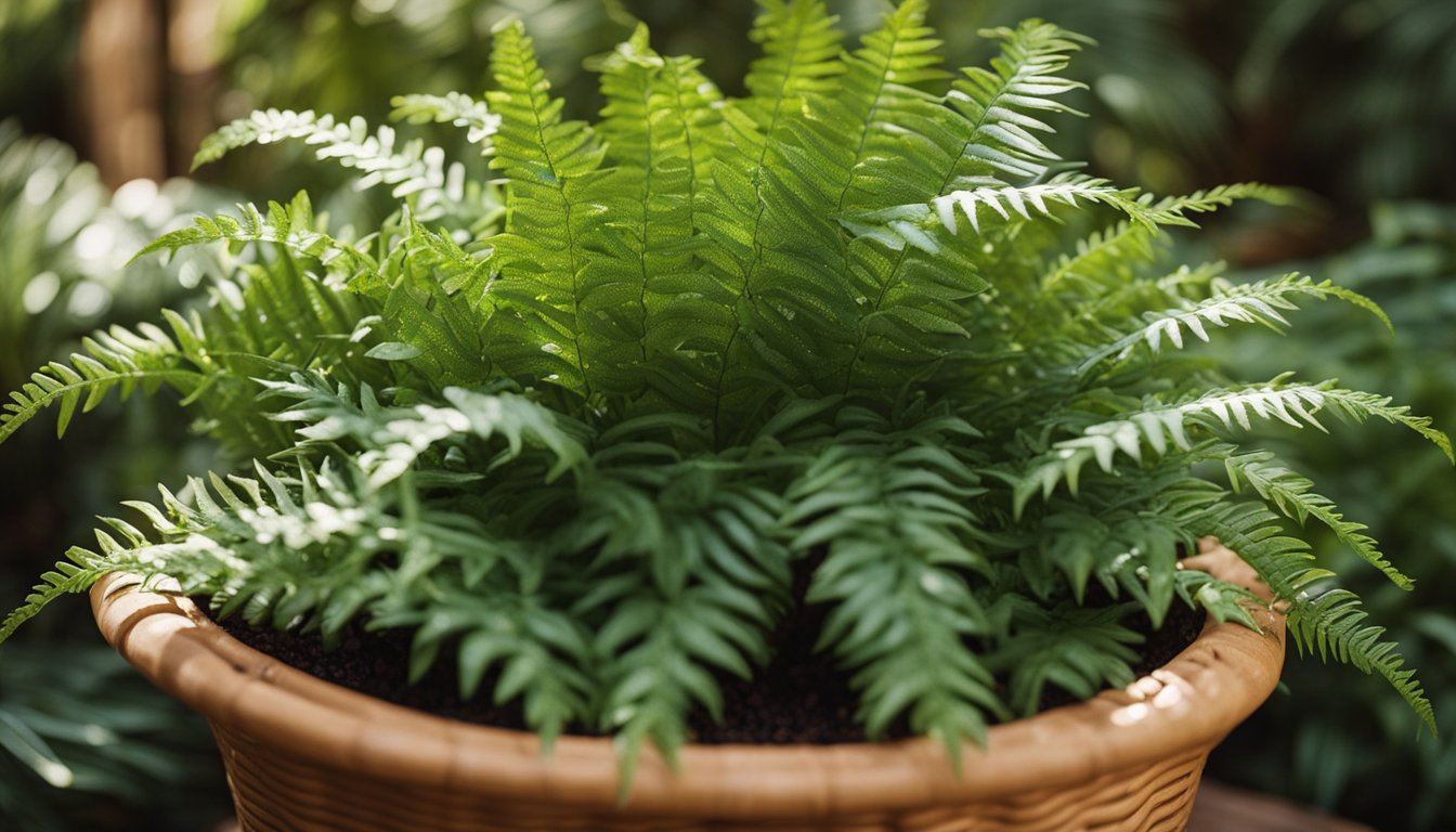 A Kangaroo Fern cascades over a terracotta basket, with wavy fronds and golden-brown spore patterns, catching dappled sunlight