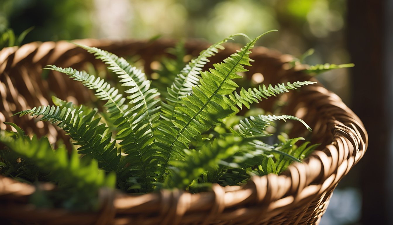 A Kangaroo Fern spills from a worn terracotta basket, showcasing its wavy fronds and golden-brown spore patterns, while glossy leaves catch dappled sunlight