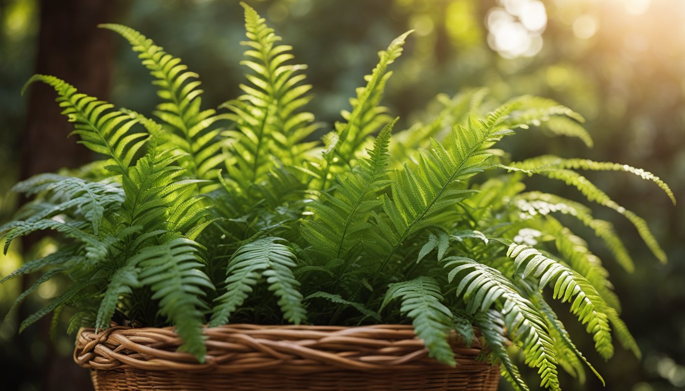 A Kangaroo Fern spills from a worn terracotta basket, its fronds wavy and leather-like, with golden-brown spore patterns. Glossy green leaves catch dappled sunlight