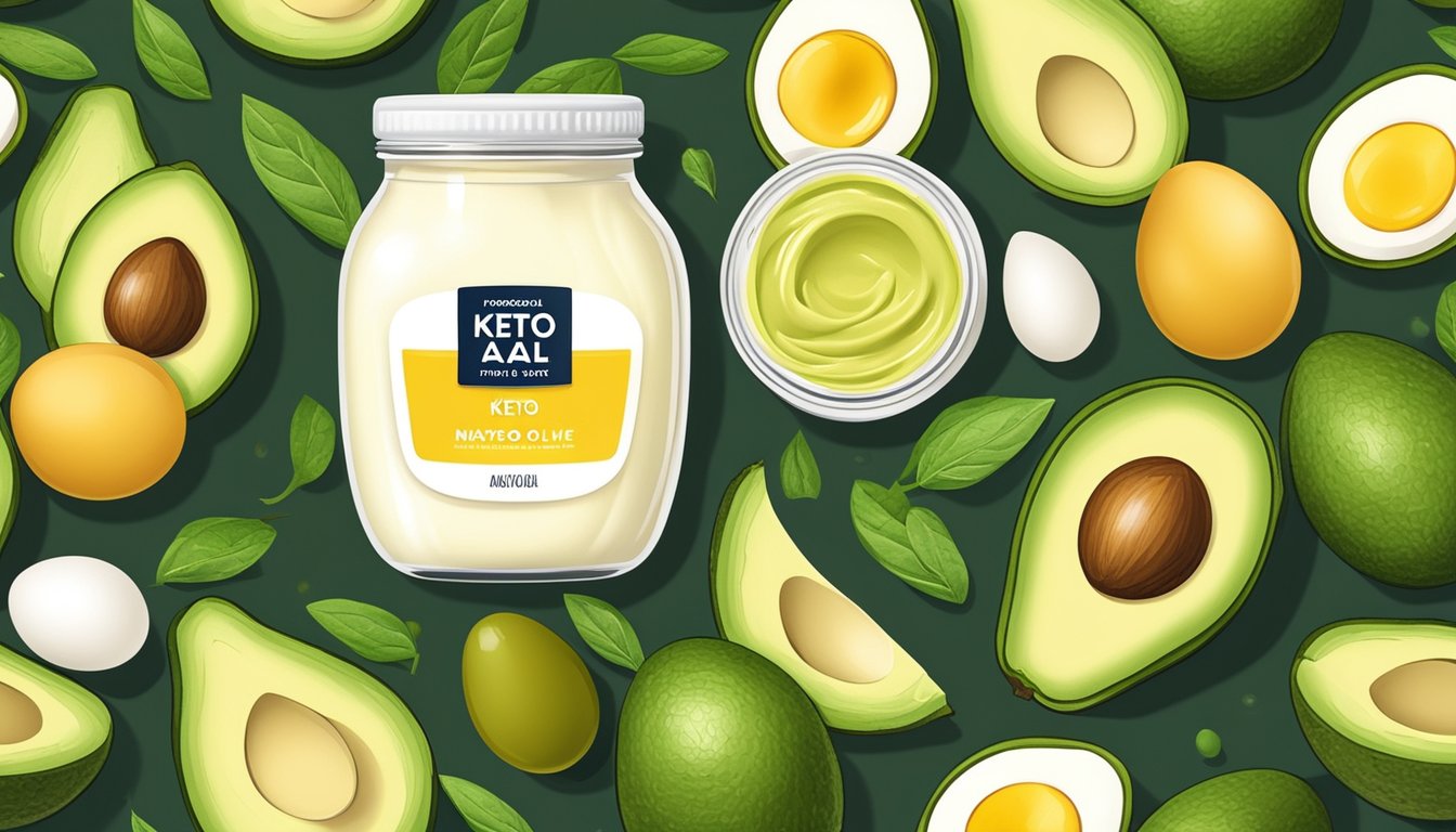 A jar of keto mayo surrounded by fresh avocados, eggs, and olive oil