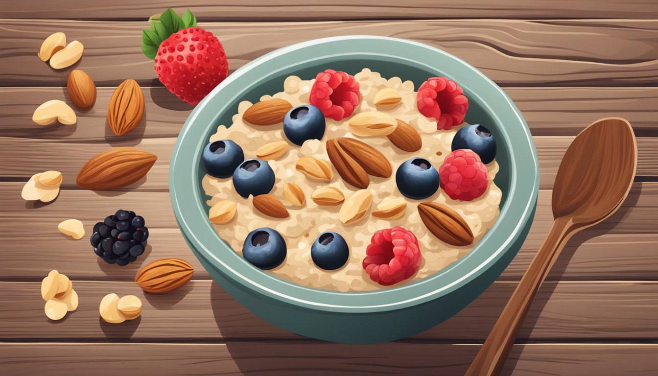 A bowl of keto-friendly oatmeal topped with nuts and berries on a wooden table