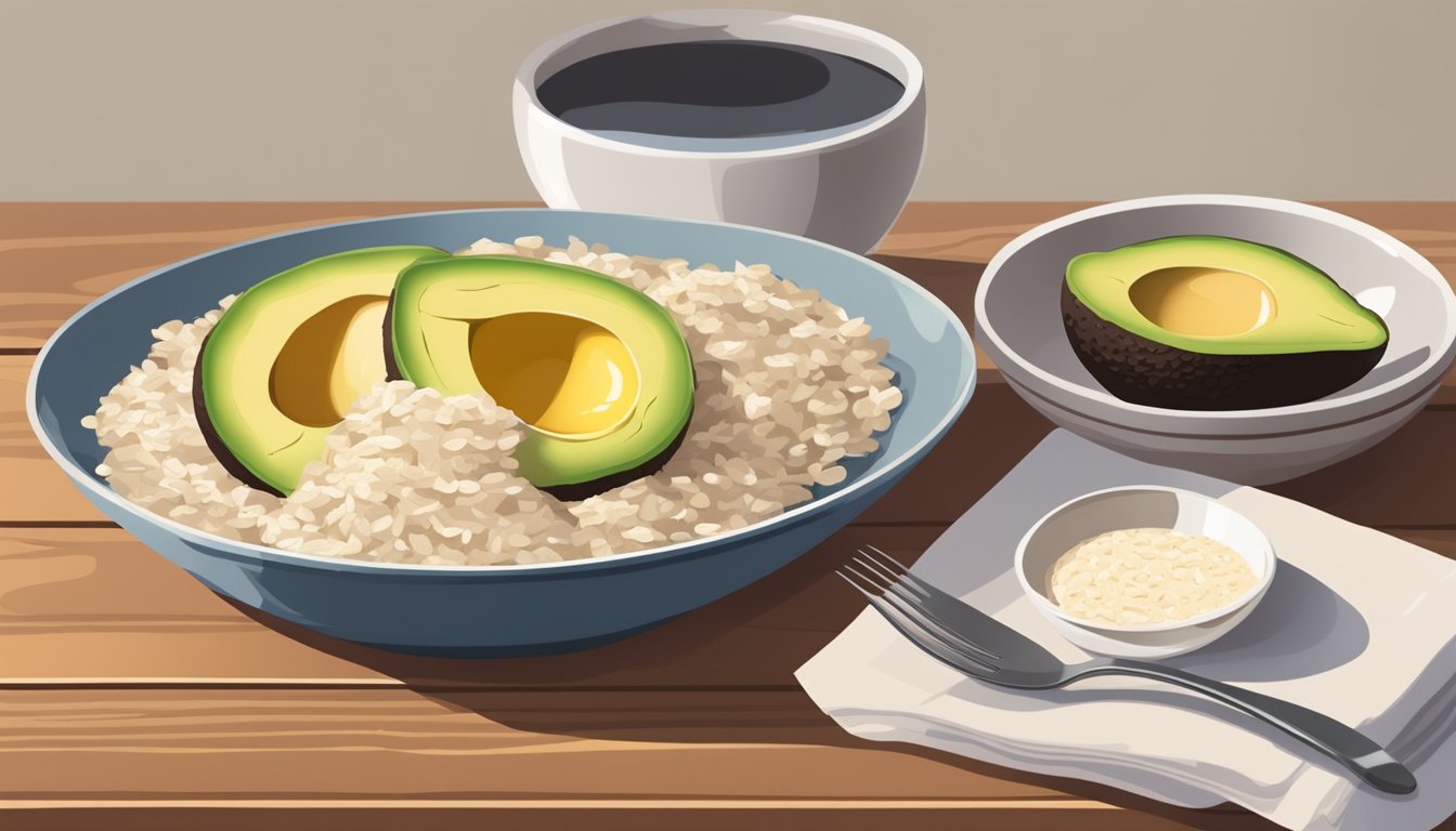 A bowl of oatmeal sits untouched next to a plate of eggs and avocado on a wooden table. A jar of coconut oil and a container of chia seeds are nearby