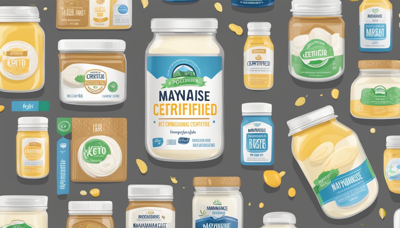 A jar of mayonnaise with a prominent "Keto Certified" label surrounded by various food labels and certifications