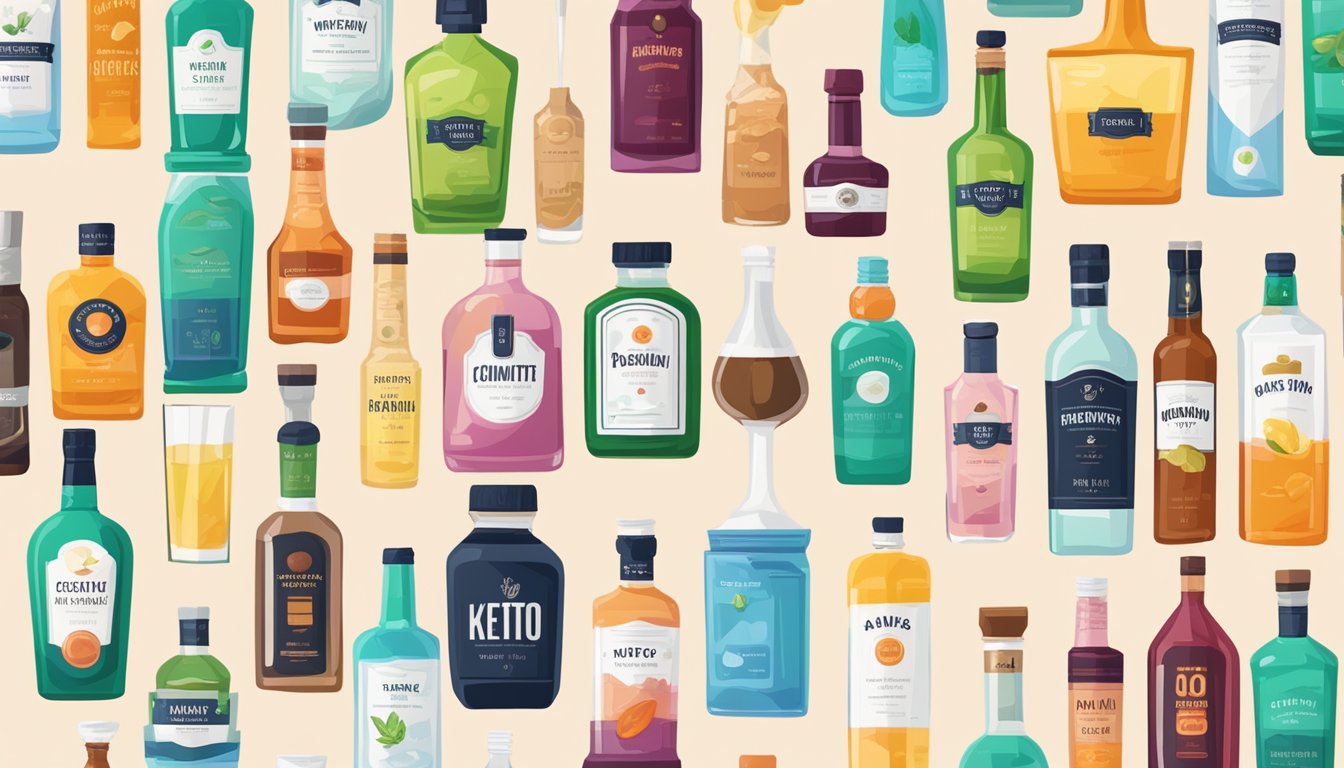 A variety of mixers and cocktail ingredients arranged neatly on a countertop, including bottles of alcohol and keto-friendly options