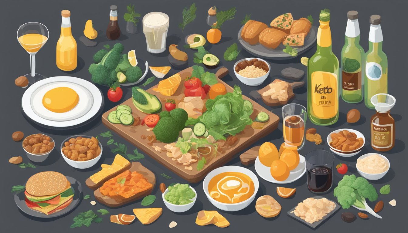 A table with keto-friendly foods and alcohol, surrounded by warning signs and health risk symbols