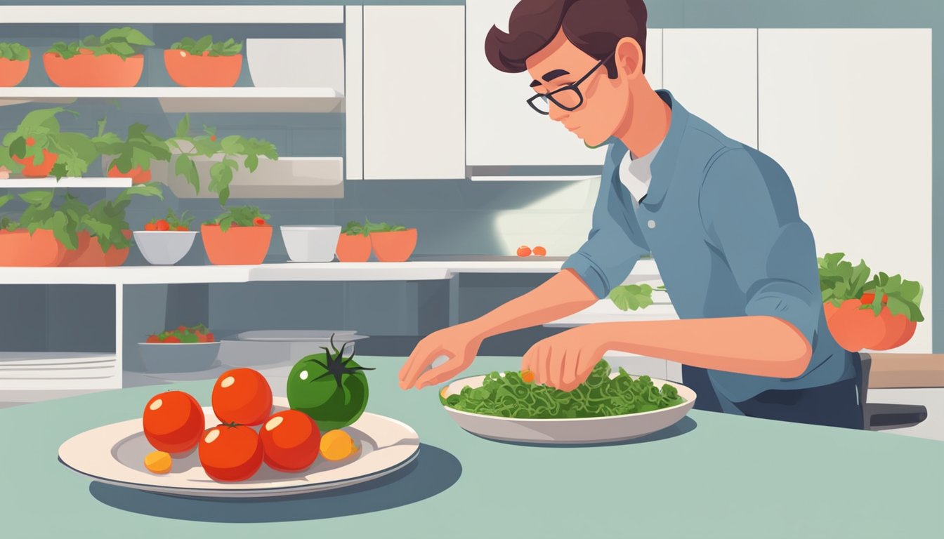 A person avoiding tomatoes while on a keto diet, with a caution sign next to a plate of tomatoes