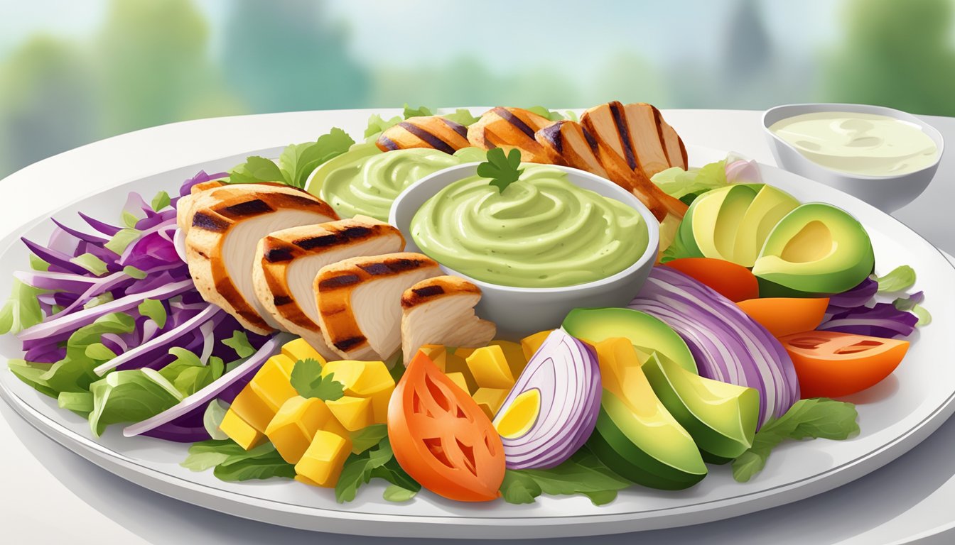 A colorful array of fresh vegetables, grilled chicken, and creamy avocado dressing arranged on a white plate