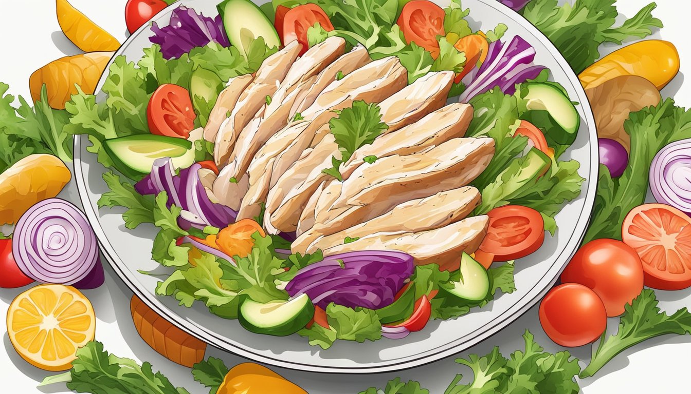 A colorful plate of chicken salad surrounded by fresh vegetables and a keto-friendly dressing