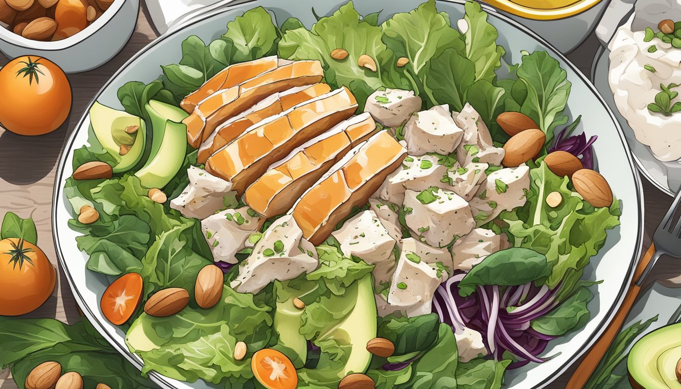 A bowl of chicken salad surrounded by keto-friendly ingredients like leafy greens, avocado, and nuts