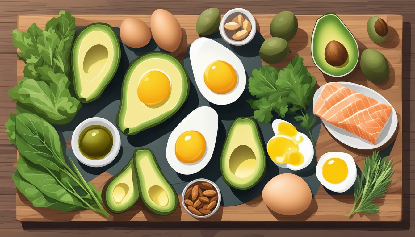 A colorful array of keto-friendly foods: avocados, leafy greens, nuts, eggs, salmon, and olive oil, arranged on a wooden cutting board