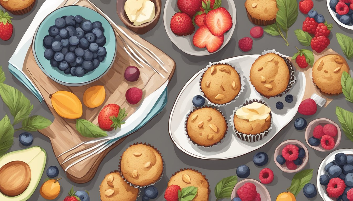 A table set with keto diet muffins, surrounded by fresh ingredients like almond flour, coconut oil, and berries