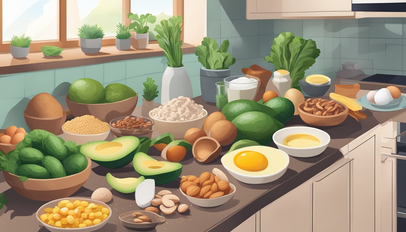 A kitchen counter with a variety of keto-friendly foods such as avocados, eggs, nuts, leafy greens, and lean meats