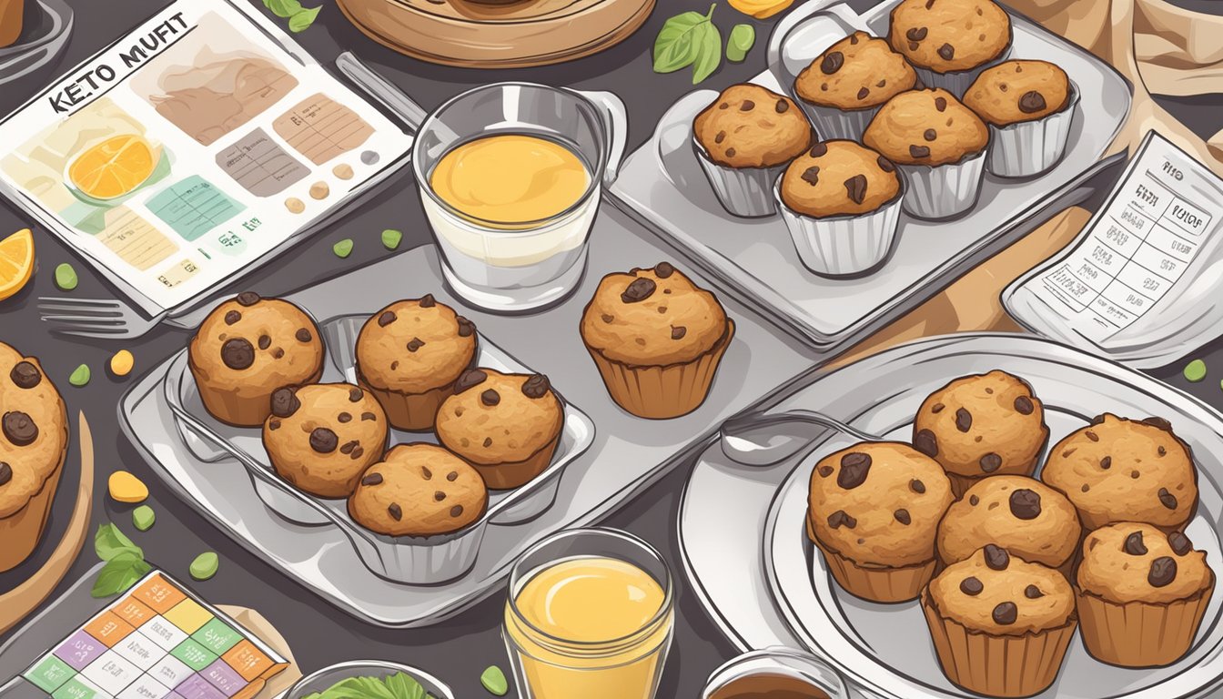 A table set with keto diet muffins, surrounded by fresh ingredients and a nutritional facts label