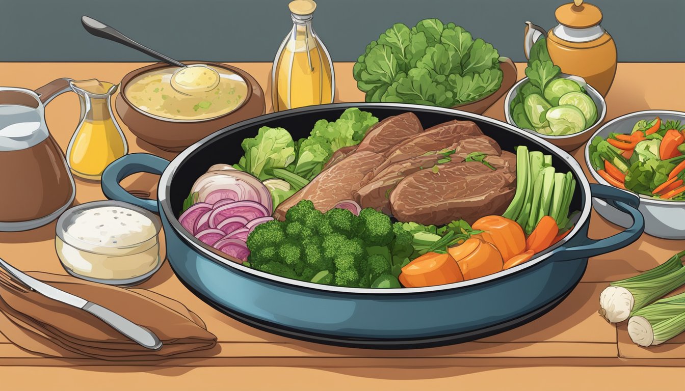 A colorful array of low-carb vegetables, lean meats, and healthy fats arranged on a plate, with a steaming pot of broth simmering in the background