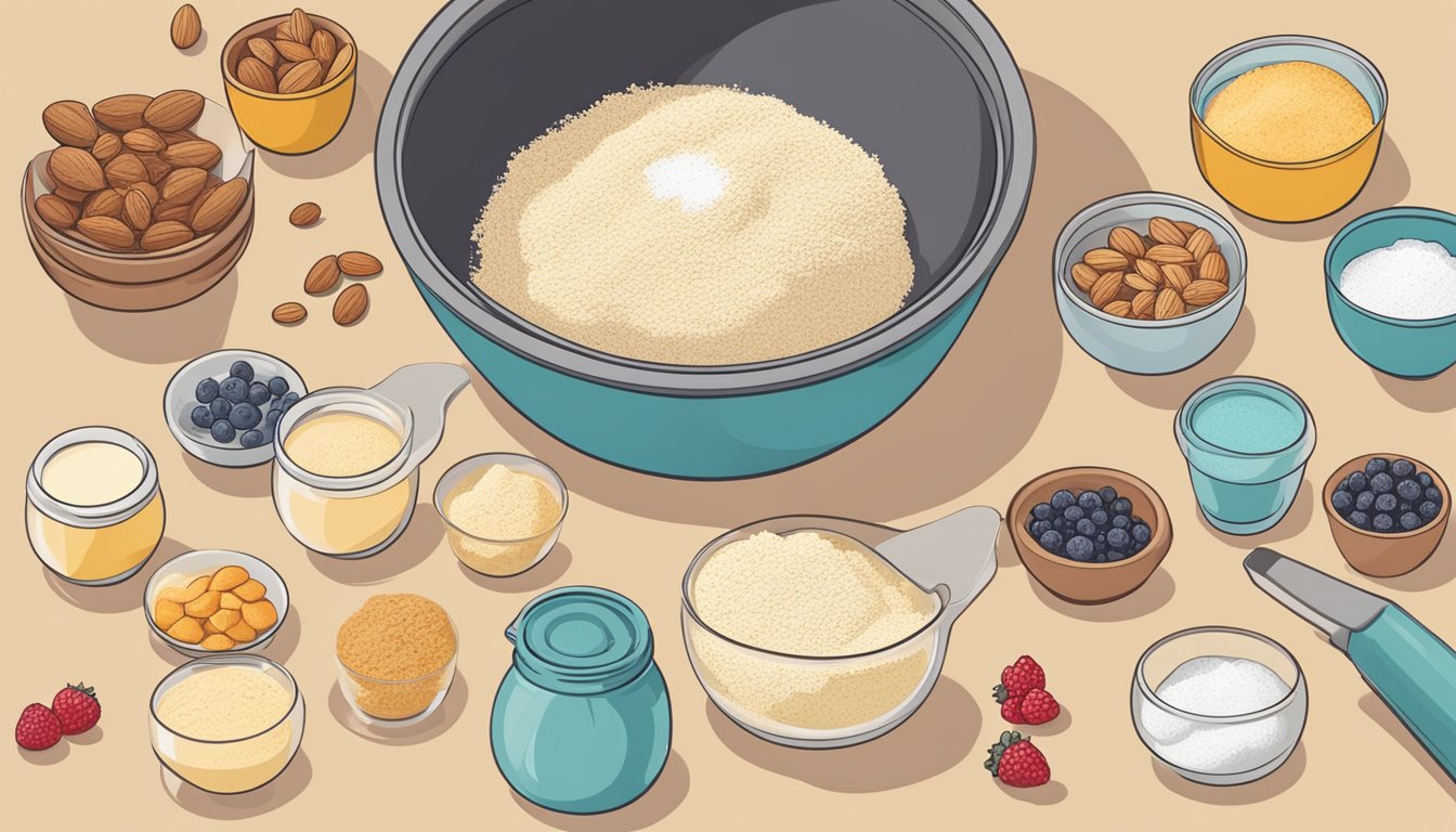 A baker adding almond flour, eggs, and berries to a mixing bowl for keto muffins