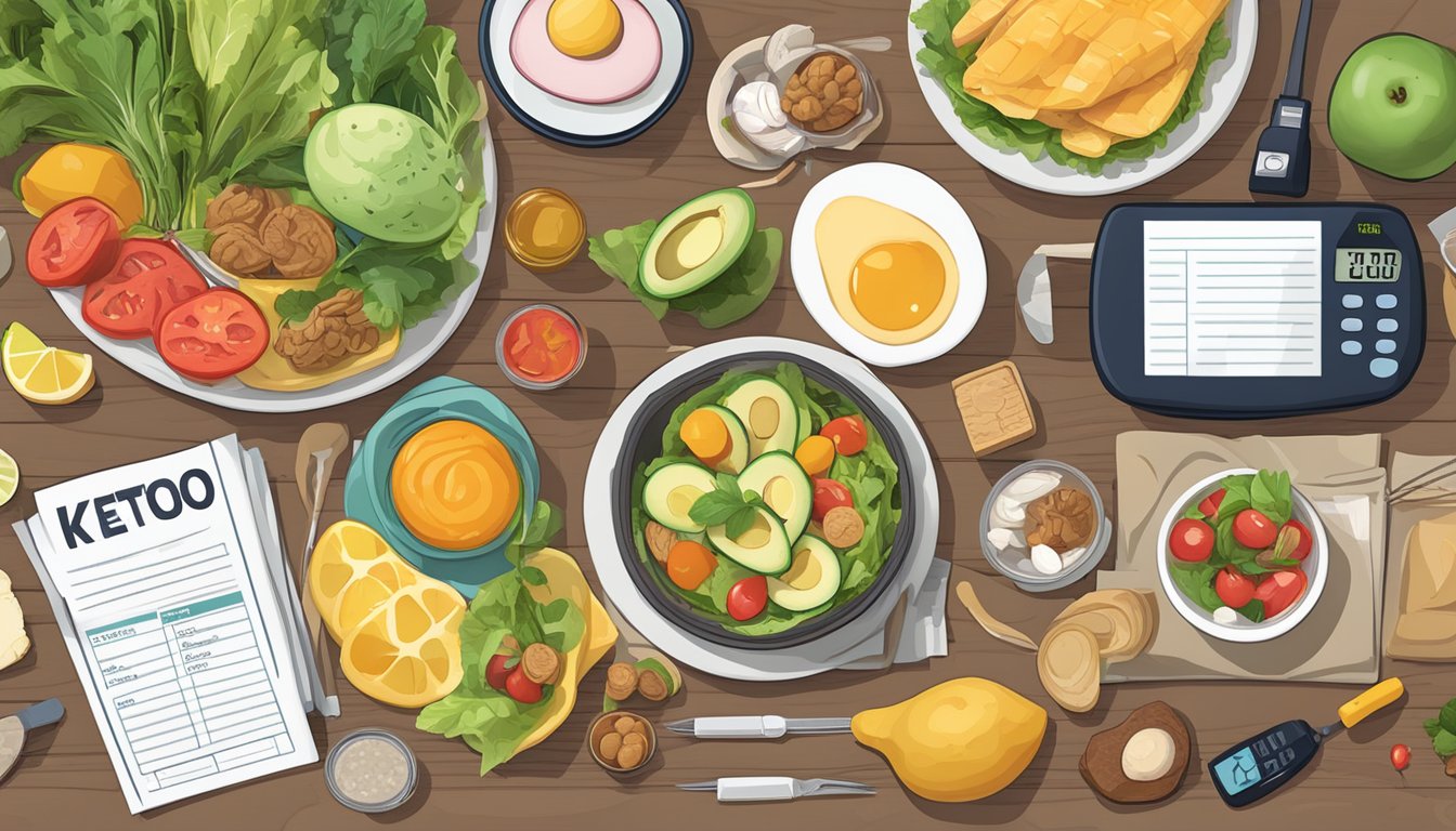 A table with diverse keto-friendly foods and a blood glucose monitor next to a diabetes education booklet