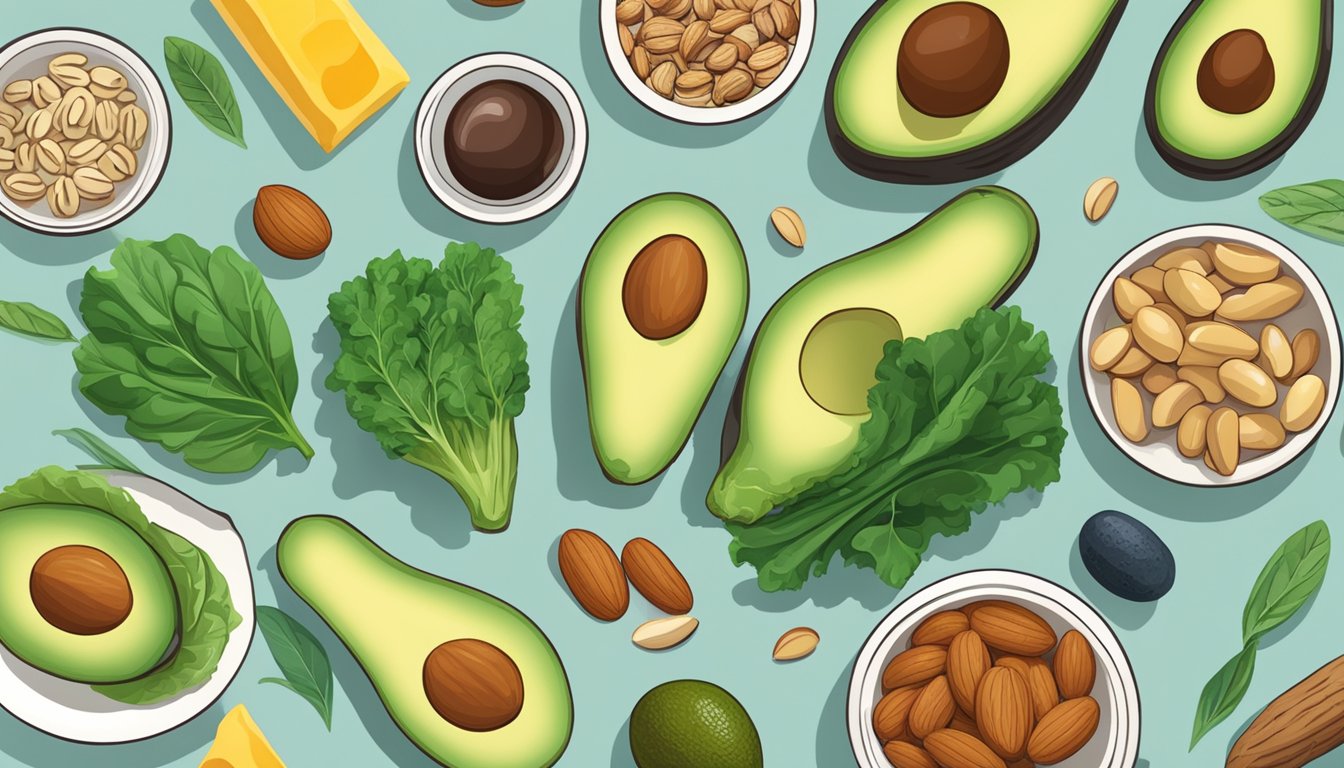 A table with various keto-friendly foods and supplements, including avocados, leafy greens, nuts, and vitamins