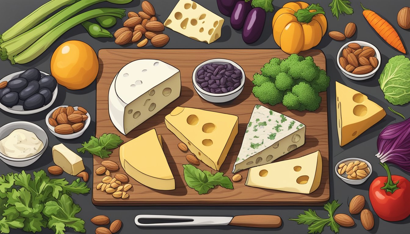 A variety of cheeses arranged on a wooden board, surrounded by low-carb vegetables and nuts, with a keto-friendly recipe book open nearby