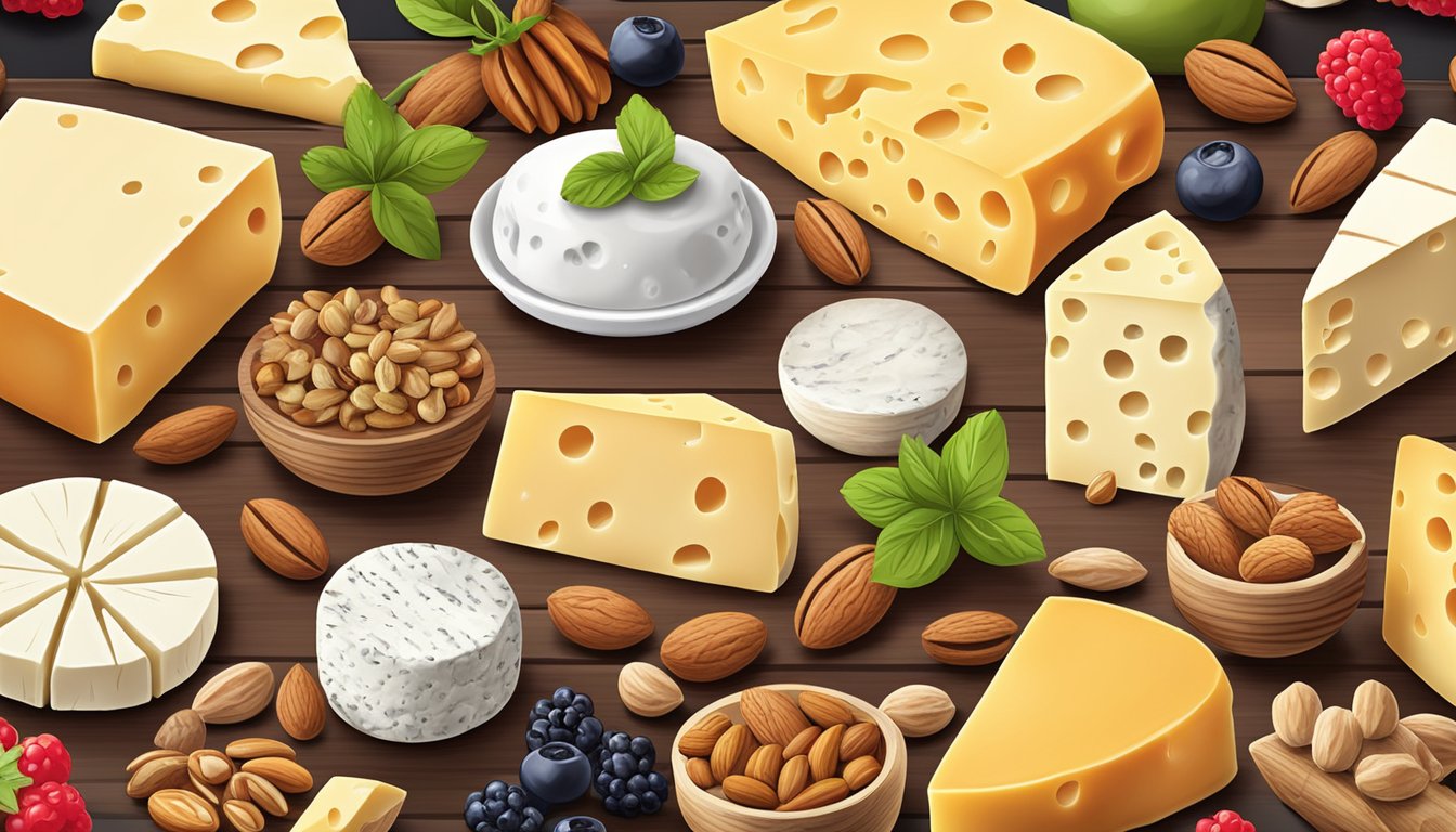 A variety of specialty and artisan cheeses arranged on a wooden board with accompanying keto-friendly nuts and berries